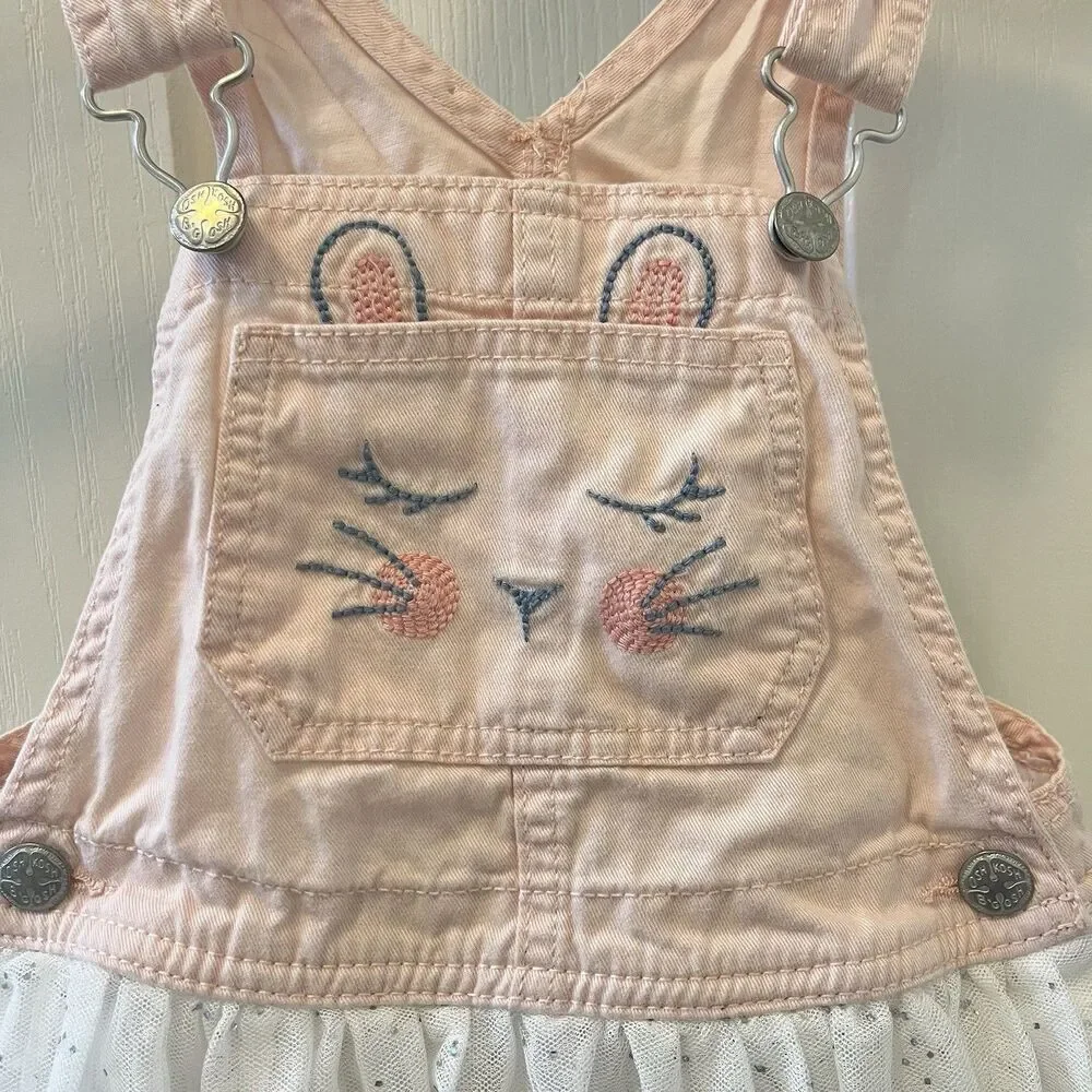 Oshkosh B'gosh Pink Overall Dress Bunny Rabbit White Tulle Girls Size 5T